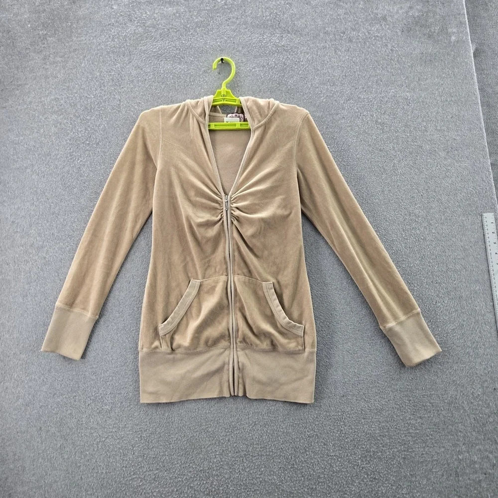 Juicy Couture Women Hoodie S Brown Velour Ruching‎ Zipper Long Sleeve